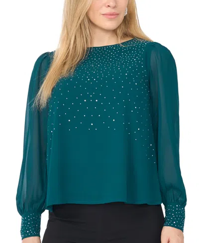 Msk Petite Rhinestone-embellished Long-sleeve Blouse In Blue