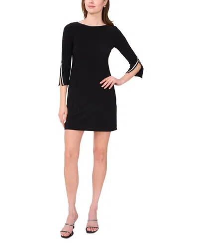 Msk Petite Round-neck Embellished-sleeve Shift Dress In Black