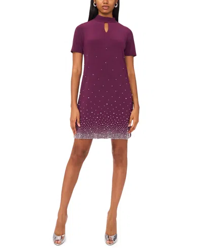 Msk Petite Short Sleeve Keyhole Beaded Dress In Purple