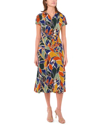 Msk Petite Short-sleeve Collared Belted Midi Dress In Multi