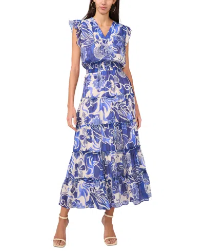 Msk Petite Split Neck Flutter-sleeve Tiered Maxi Dress In Blue