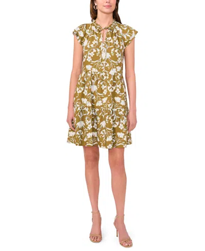 Msk Petite Split Tie Neck Flutter-sleeve Printed Dress In Brown