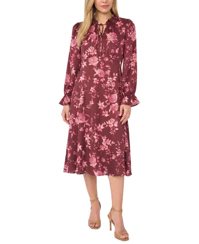 Msk Petite Tie Neck Satin Midi Floral A-line Dress In Pink