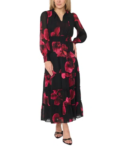 Msk Petite Tie Neck Tiered Long-sleeve Maxi Dress In Cordovan