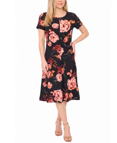Msk Petite Twist Waist Floral A-line Midi Dress In Black