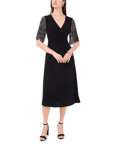 Msk Petite V-neck Embellished-sleeve Midi Dress In Black