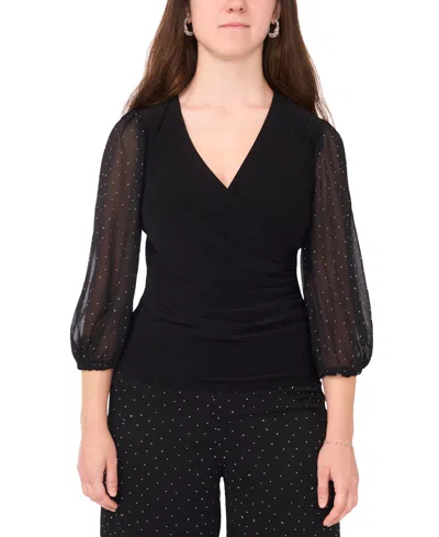 Msk Petite V-neck Puff Sleeve Wrap Top In Black
