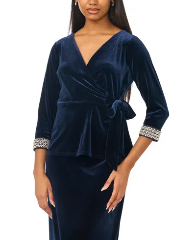 Msk Petite V-neck 3/4-sleeve Faux-wrap Top In Gunmetal Gray Midnight