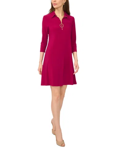 Msk Petite Zip-front Collared 3/4-sleeve Shift Dress In Dark Sangria