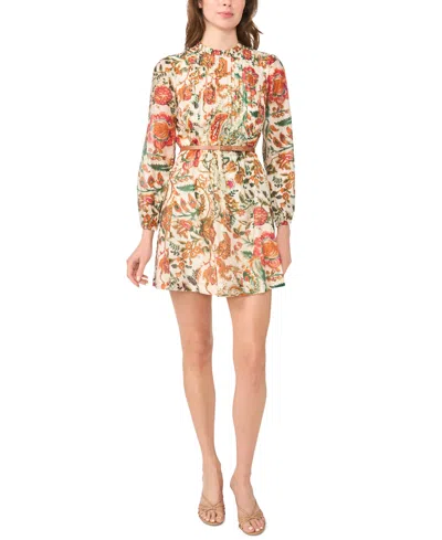 Msk Petites Ruffle Mock Neck Floral-print Long-sleeve Dress In Multi