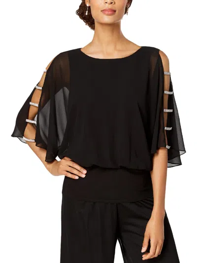 Msk Petites Womens Chiffon Rhinestone Blouse In Black