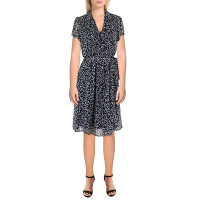 Msk Petite Printed Pintuck Tie-waist Dress In Navy,white