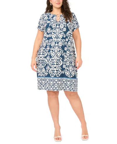 Msk Plus Size 3-ring Keyhole Neck Short-sleeve Dress In Blue