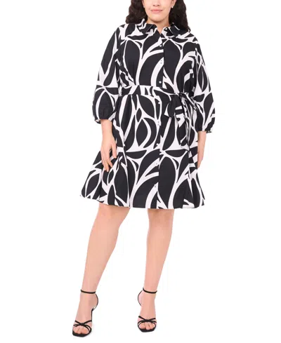 Msk Plus Size 3/4-sleeve Printed Fit & Flare Shirtdress In Black