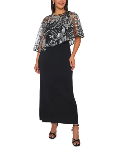 Msk Plus Size Asymmetrical Combo Novelty Cape Sequin Dress In Rich Black 060