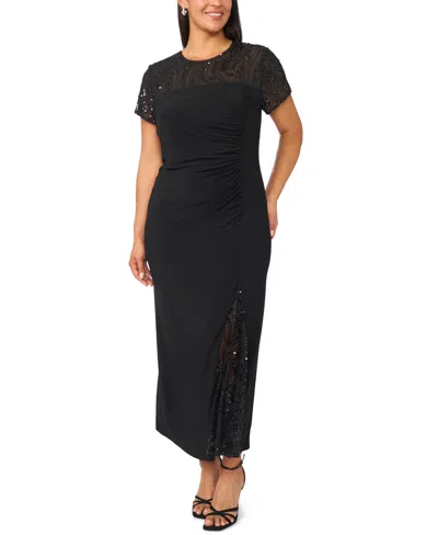 Msk Plus Size Beaded Mesh Side Ruched Short-sleeve Gown In Black
