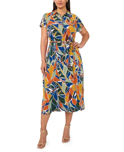 Msk Plus Size Belted Collared Short-sleeve Midi Dress In Multi