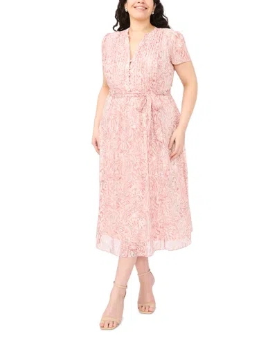Msk Plus Size Belted Short-sleeve Split Crewneck Dress In Pink