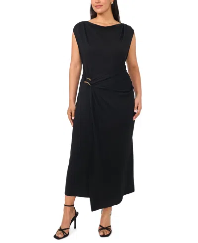 Msk Plus Size Boat Neck Short-sleeve Midi Dress In Black