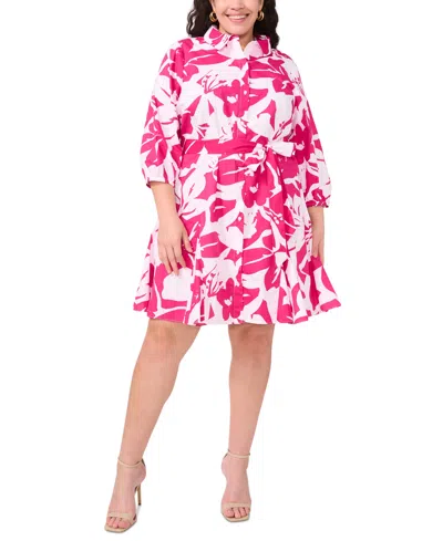 Msk Plus Size Cotton Floral-print Belted Shirtdress In Magenta Rose