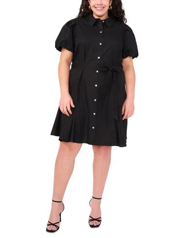 Msk Plus Size Cotton Puff-sleeve Belted Shirtdress In Black