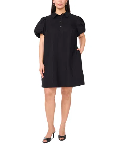 Msk Plus Size Cotton Short-puff-sleeve Shift Dress In Black