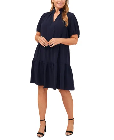 Msk Plus Size Crinkle Short-sleeve Babydoll Dress In Navy