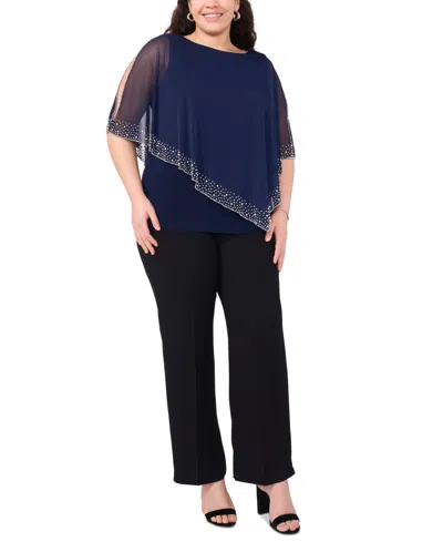 Msk Plus Size Embellished Asymmetric Cape Overlay Top In Navy