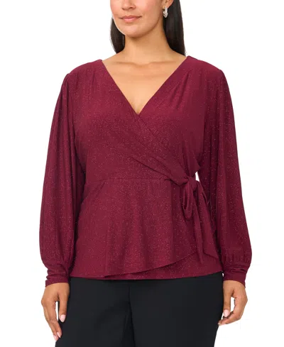 Msk Plus Size Faux-wrap V-neck Long-sleeve Top In Burgundy