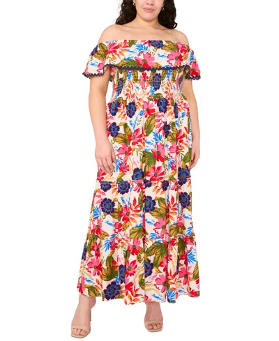 Msk Plus Size Floral Off-the-shoulder Smocked Maxi Dress In Multi