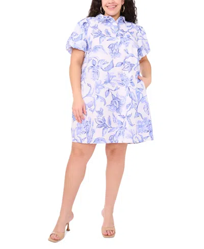Msk Plus Size Floral-print Cotton Puff-sleeve Shift Dress In Lucent White