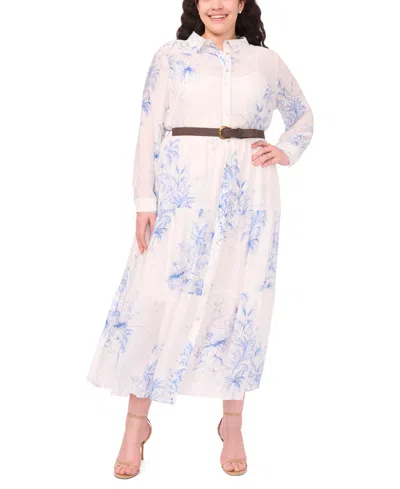 Msk Plus Size Floral Print Long-sleeve Belted Maxi Dress In Multi