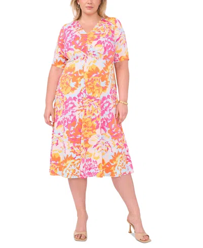 Msk Plus Size Floral-print Twist-front Midi Dress In Pink