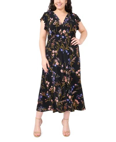 Msk Plus Size Floral Print V-neck Midi Dress In Multi