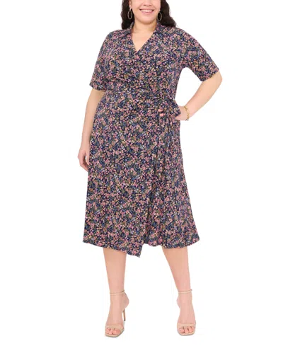 Msk Plus Size Floral-print Wrap Midi Dress In Navy,multi