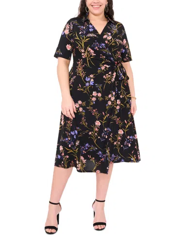 Msk Plus Size Floral-print Wrap Midi Dress In Rich Black