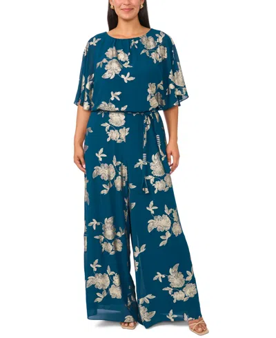 Msk Plus Size Floral-print Wide-leg Blouson Jumpsuit With Belt In Dark Fern