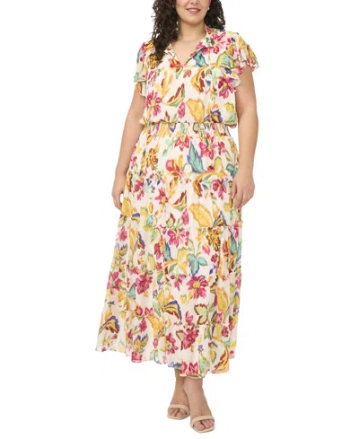 Msk Plus Size Flutter-sleeve Tiered Split-tie Neck Maxi Dress In Multi