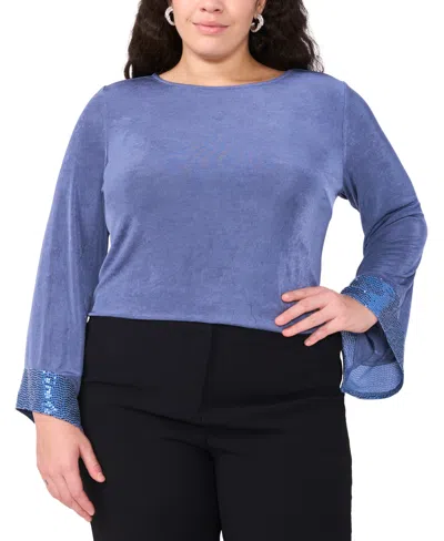 Msk Plus Size Jersey-knit Contrast-cuff Long-sleeve Top In Dusty Blue