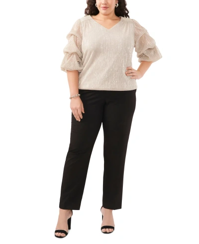 Msk Plus Size Metallic Tiered-sleeve V-neck Top In Silver,gold