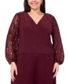Msk Plus Size Mixed Media Surplice Sequin Top In Brown