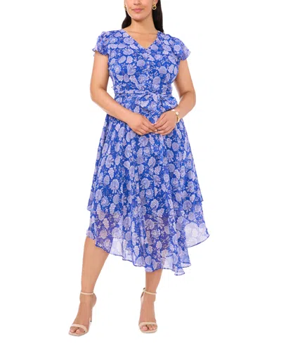 Msk Plus Size Paisley-print Chiffon Flutter-sleeve Dress In Blue