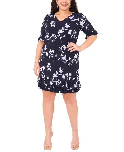 Msk Plus Size Printed 3/4-sleeve Flounce Trim Dress In Navy,white