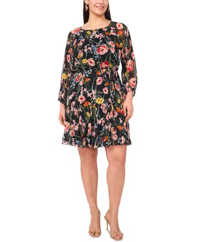 Msk Plus Size Printed Blouson-sleeve Fit & Flare Dress In Black Rose Yellow