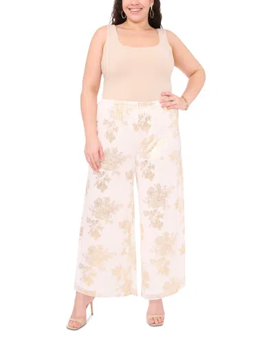 Msk Plus Size Printed Chiffon Pull-on Palazzo Pants In Ivory,gold