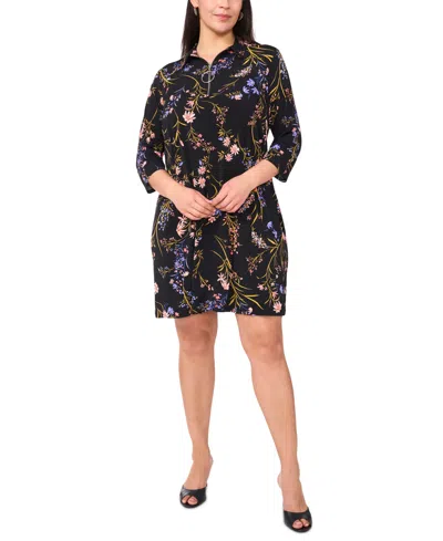 Msk Plus Size Printed Collared 3/4-sleeve Shift Dress In Rich Black