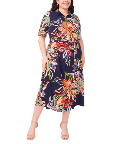 Msk Plus Size Printed Collared Neck Short-sleeve Midi Dress In Blue