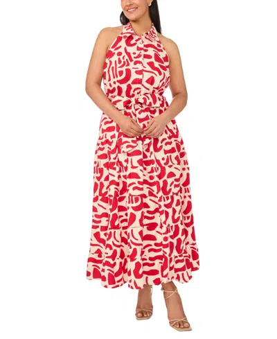 Msk Plus Size Printed Collared Neck Sleeveless Maxi Dress In Red