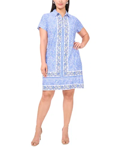 Msk Plus Size Printed Collared Short-sleeve Shift Dress In Cerulean