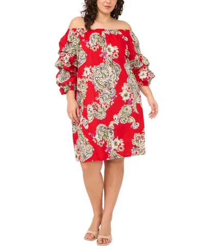 Msk Plus Size Printed Cotton Off-the-shoulder Dress In Red